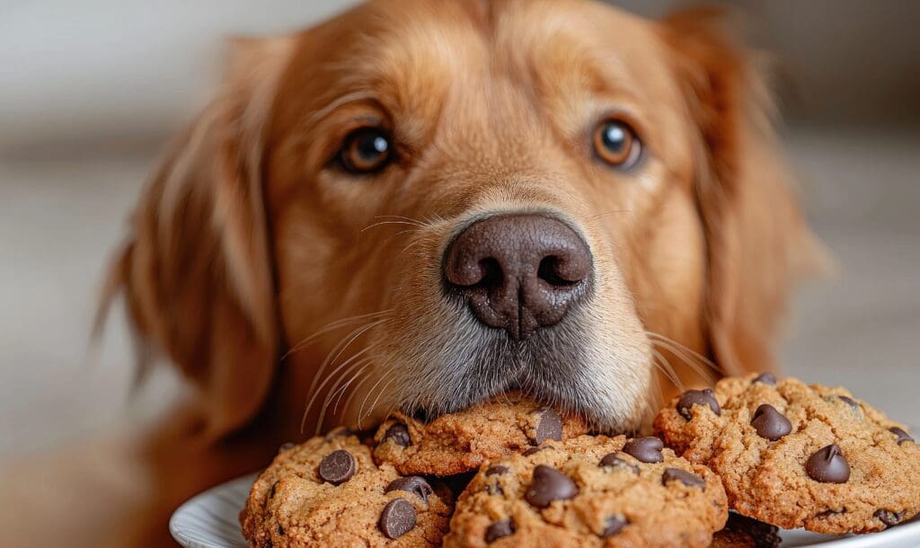 Close Up Of A Golden Retriever Dog Eating Chocolate Chip Cookies