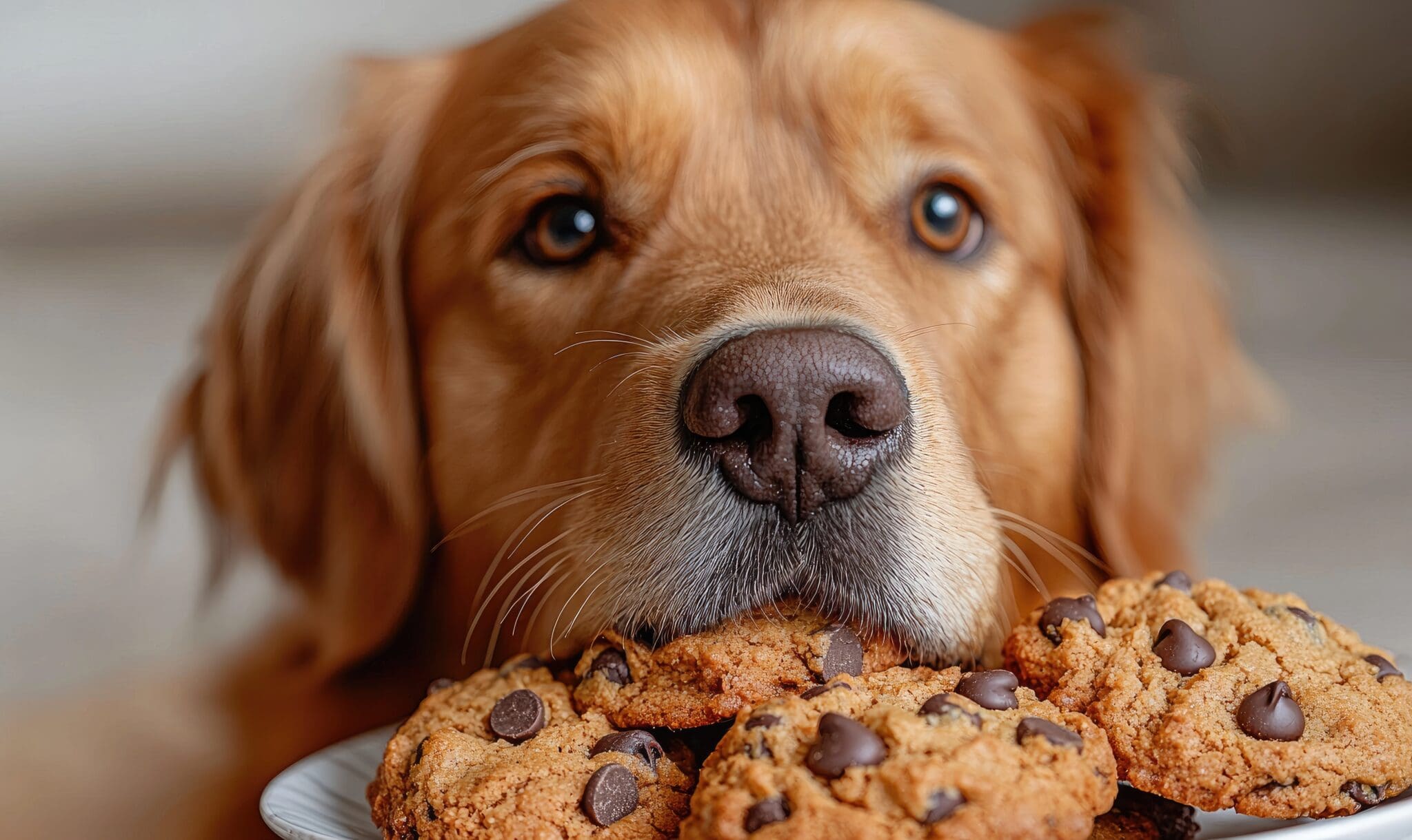 Close Up Of A Golden Retriever Dog Eating Chocolate Chip Cookies